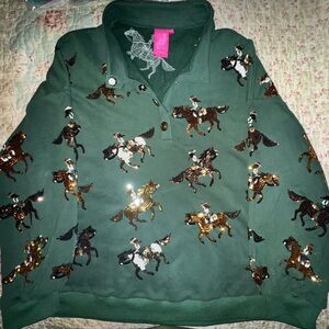 QUEEN OF SPARKLES- XXL Green Sweatshirt with Sequin Horse Design front & back